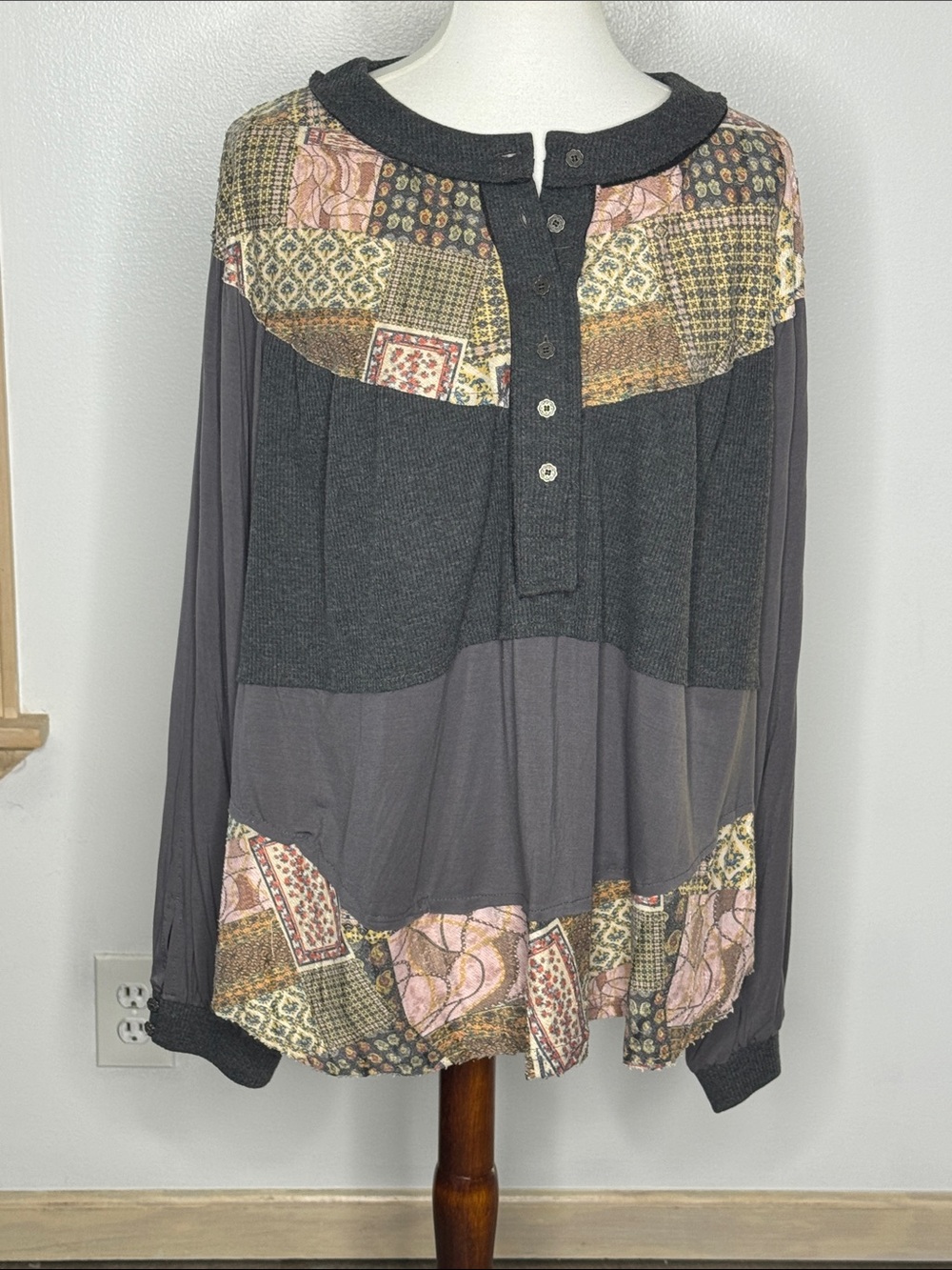 POL Patchwork Yoke Long-Sleeve Blouse - Charcoal with Pink & Tan Accents